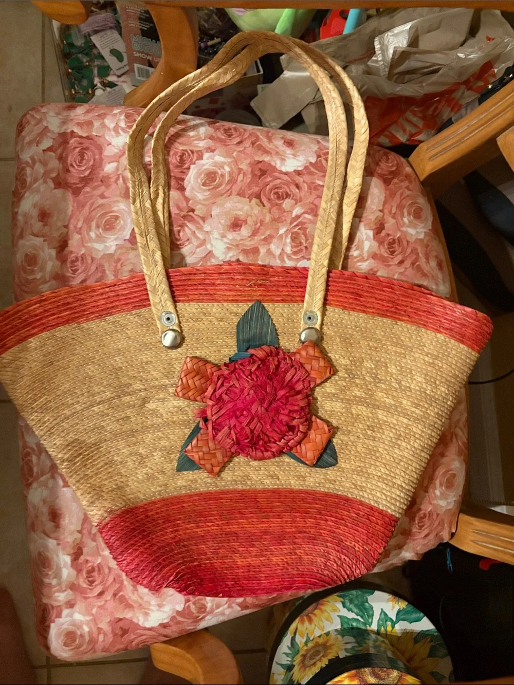 Handwoven Straw Tote Bag with Red Accent and Floral Detail